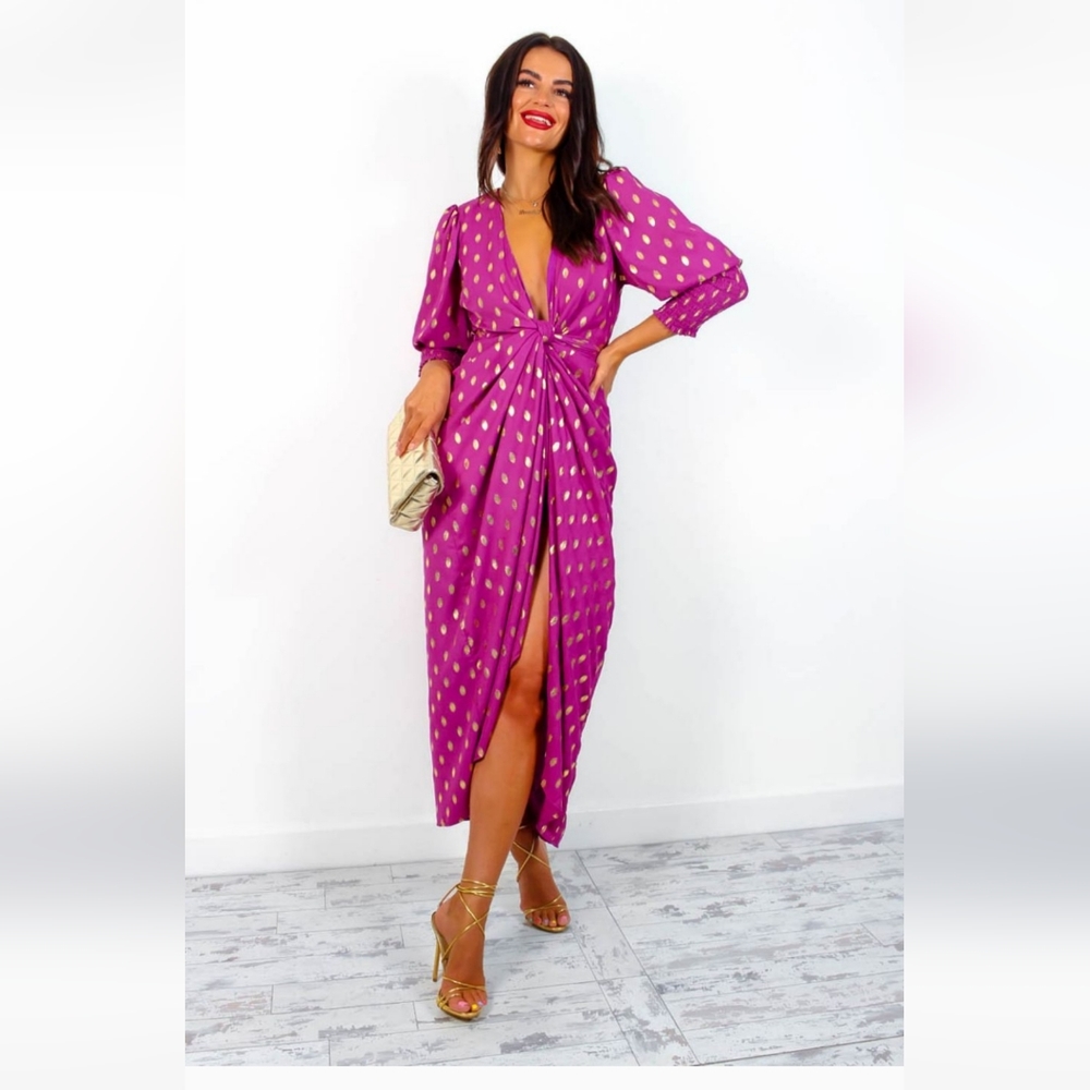 DLSB DRIVE 'EM WILD - PURPLE GOLD FOIL SPOT MIDI WRAP DRESS- Sz 8
